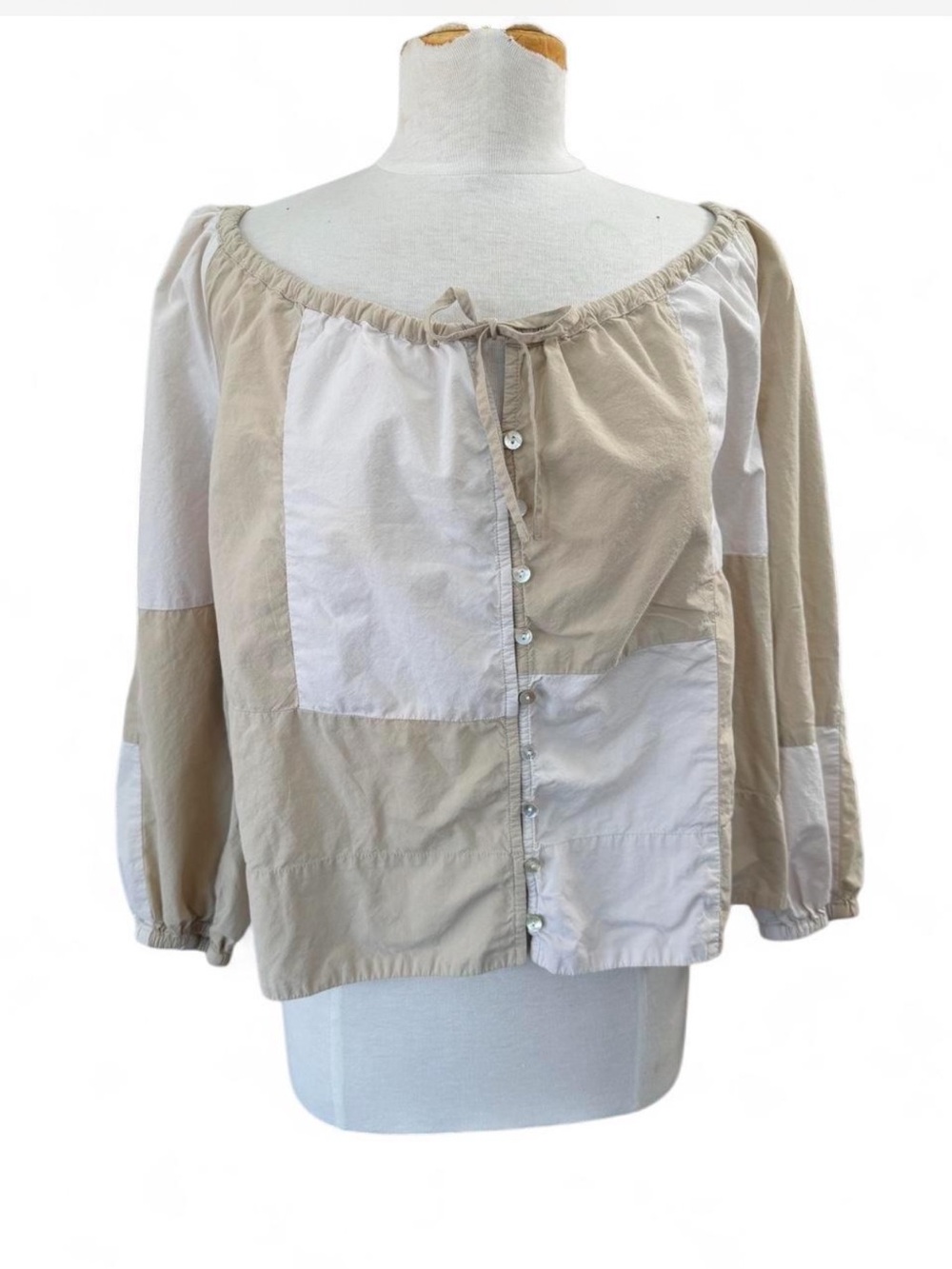 Madewell Neutral Patchwork Tie Front Poplin Top size large